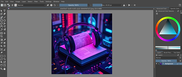 Krita user interface with a complex digital painting in progress
