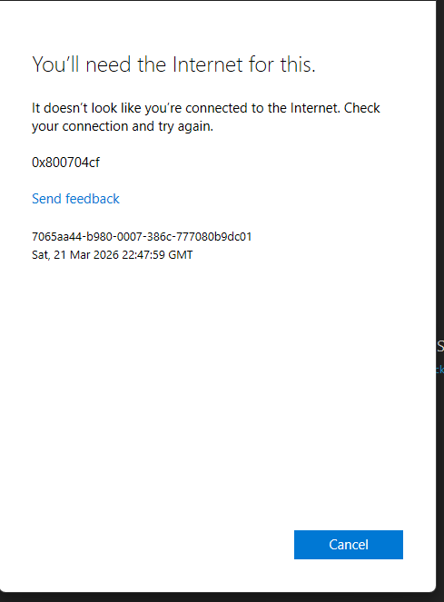 Microsoft sign-in error: You'll need the Internet for this. Error code 0x800704cf